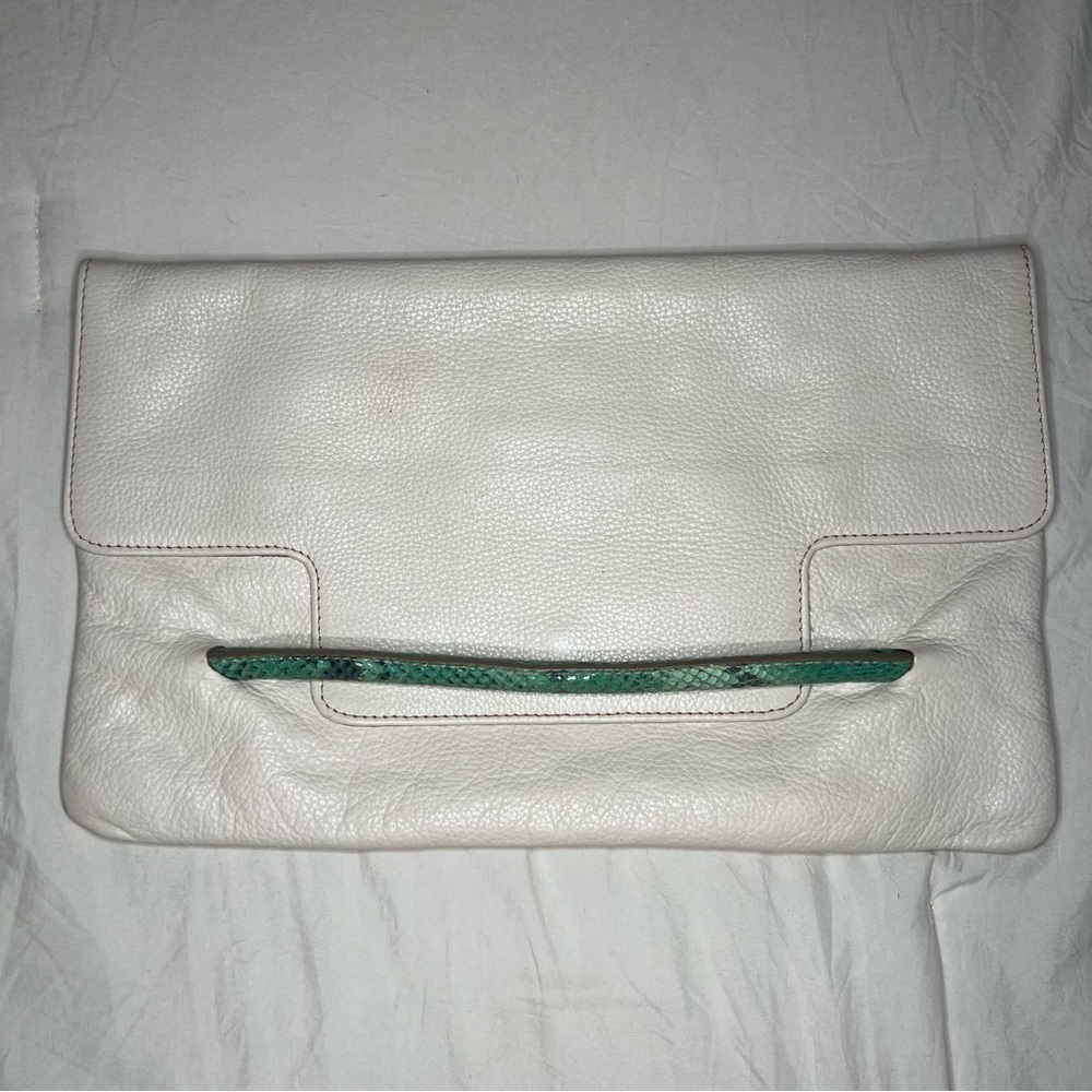 Iacucci White Pebbled Leather Large Clutch, Teal Snake Skin Leather Accent